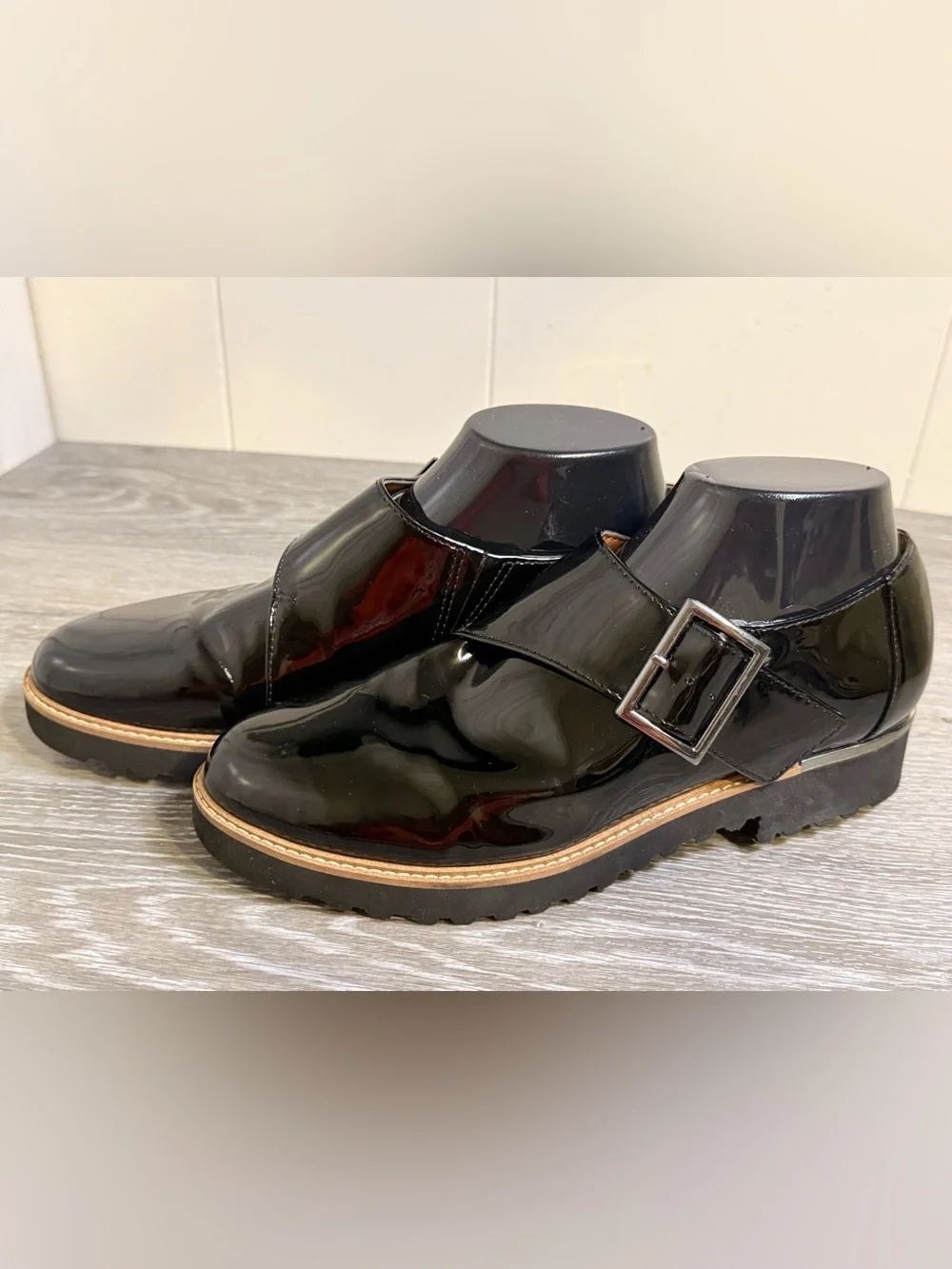 Franco Sarto Black Patent Leather Monk Strap Lug Sole Shoes Size 8.5M